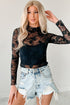 Sheer Floral Lace Mesh Mock Neck Elegant Long Sleeve Fitted Top